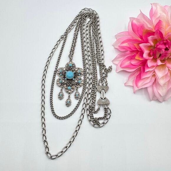 Vintage Ornate Filigree Floral Pendant Multistrand Necklace 60s 70s Statement - Picture 9 of 11